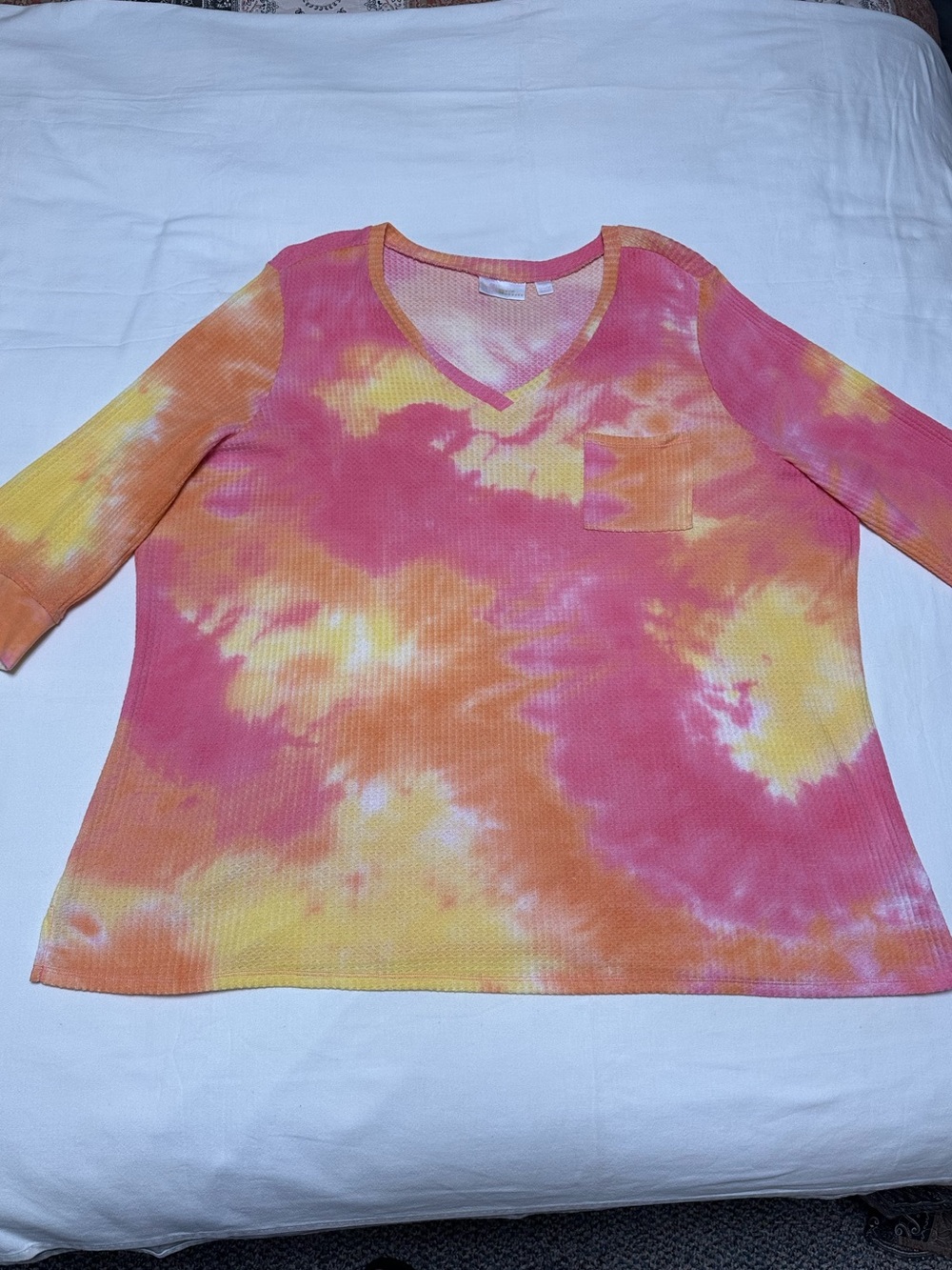 Belle by Kim Gravel Tie-Dye V-Neck Pocket Tunic in Pink, Orange & Yellow